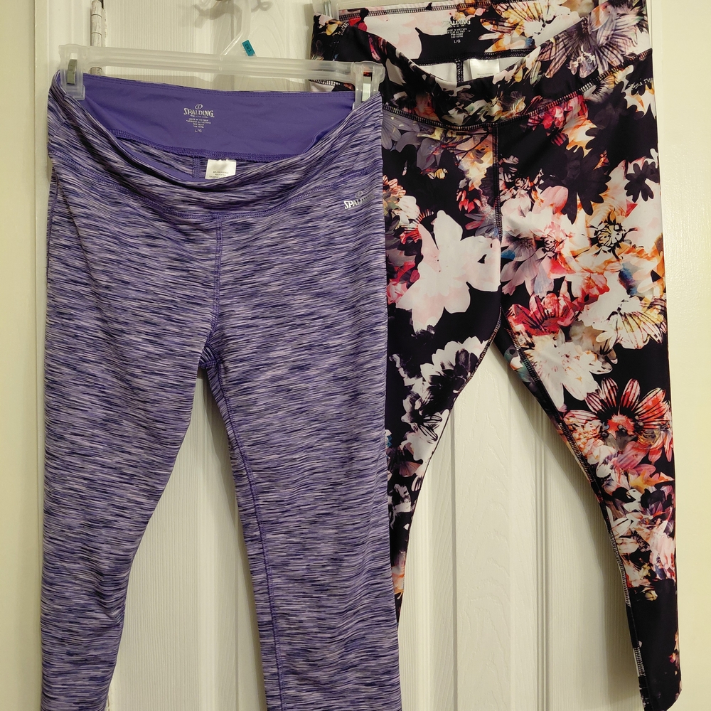 2 Pair Spaulding Women's  Heathered Purple and Floral Leggings . Both size large